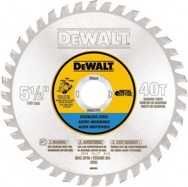DeWALT - 5-1/2" Diam, 25/32" Arbor Hole Diam, 40 Tooth Wet & Dry Cut Saw Blade - Steel, Crosscutting Action, Standard Round Arbor - Apex Tool & Supply