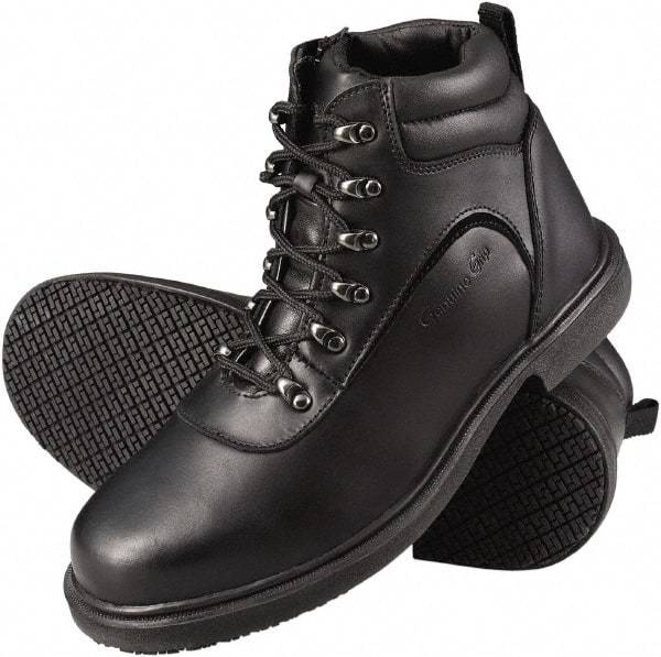 Genuine Grip - Unisex Size 8.5 Medium Width Steel Work Boot - Black, Leather Upper, Rubber Outsole, 6" High, Dielectric, Non-Slip - Apex Tool & Supply