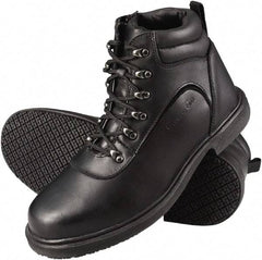 Genuine Grip - Unisex Size 11.5 Wide Width Steel Work Boot - Black, Leather Upper, Rubber Outsole, 6" High, Dielectric, Non-Slip - Apex Tool & Supply