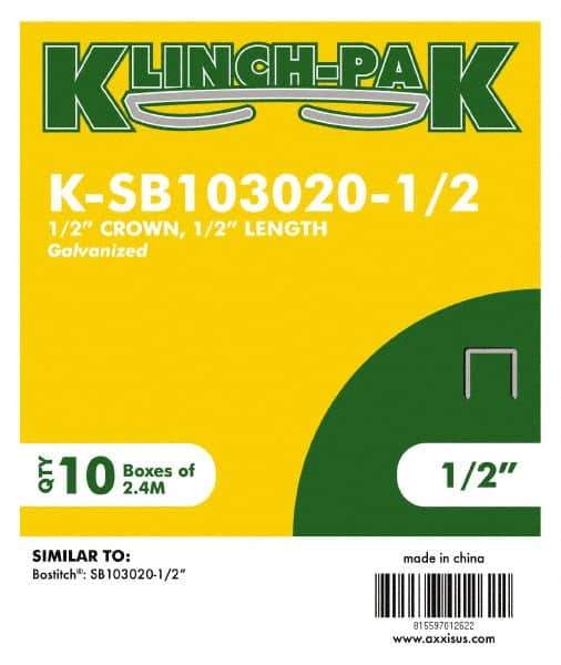 Klinch-Pak - 1/2" Long x 1/2" Wide, 0 Gauge Narrow Crown Construction Staple - Steel, Galvanized Finish, Chisel Point - Apex Tool & Supply