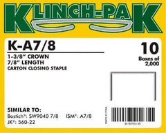 Klinch-Pak - 7/8" Long x 1-3/8" Wide, 0 Gauge Wide Crown Construction Staple - Steel, Copper Finish, Chisel Point - Apex Tool & Supply