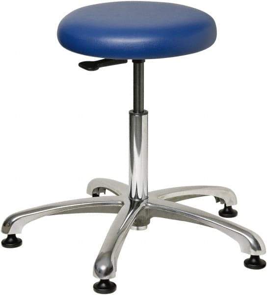 Bevco - 23" Wide x 23" Deep x 18-1/2 to 26" High, Steel Base, Versa Backless Stool Adjustable Height Swivel Stool with Polished Aluminum Base - Vinyl Seat, Blue, Mushroom Glides - Apex Tool & Supply