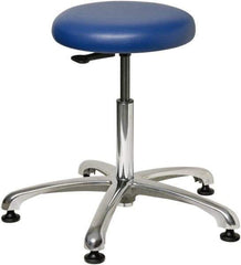 Bevco - 23" Wide x 23" Deep x 18-1/2 to 26" High, Steel Base, Versa Backless Stool Adjustable Height Swivel Stool with Polished Aluminum Base - Vinyl Seat, Blue, Mushroom Glides - Apex Tool & Supply
