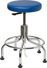Bevco - 22" Wide x 22" Deep x 19 to 24" High, Steel Base, Versa ESD Backless Adjustable Height Swivel Stool with Chrome Steel Base - Vinyl Seat, Blue, Footring, Mushroom Glides - Apex Tool & Supply