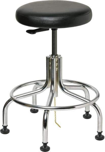 Bevco - 22" Wide x 22" Deep x 19 to 24" High, Steel Base, Versa ESD Backless Adjustable Height Swivel Stool with Chrome Steel Base - Vinyl Seat, Black, Footring, Mushroom Glides - Apex Tool & Supply