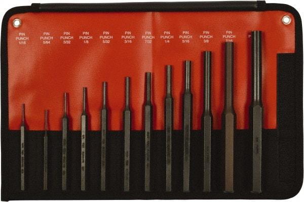 Mayhew - 12 Piece, 1/16 to 1/2", Pin Punch Set - Hex Shank, Steel, Comes in Kit Bag - Apex Tool & Supply