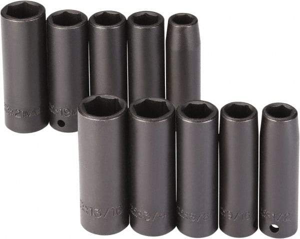 Proto - 10 Piece 1/2" Drive Black Finish Deep Well Impact Socket Set - 6 Points, 1/2" to 13/16" (13mm to 21mm) Range, Inch/Metric Measurement Standard - Apex Tool & Supply