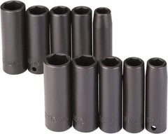 Proto - 10 Piece 1/2" Drive Black Finish Deep Well Impact Socket Set - 6 Points, 1/2" to 13/16" (13mm to 21mm) Range, Inch/Metric Measurement Standard - Apex Tool & Supply