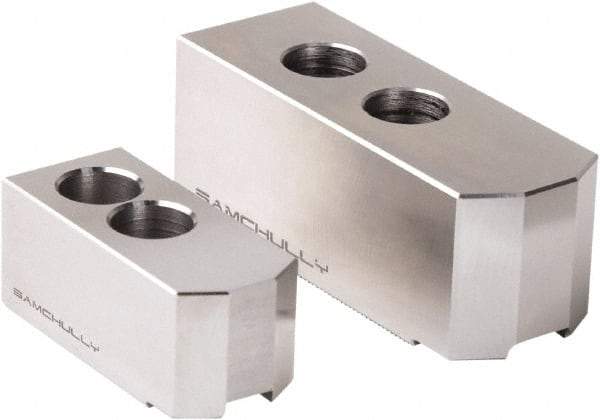 Samchully - 1600mm Max Chuck Capacity, 3mm x 60° Serrated Interface, Square Soft Lathe Chuck Jaw - 3 Jaw, Steel, 60mm Btw Mount Hole Ctrs, 270mm Long, 110mm Wide, 110mm High, 30mm Groove, M24mm Fastener - Apex Tool & Supply