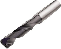 Seco - 4.9mm 140° Spiral Flute Solid Carbide Screw Machine Drill Bit - TiAlN Finish, Right Hand Cut, 28mm Flute Length, 66mm OAL, Conical Point, Straight Shank, Through Coolant - Apex Tool & Supply