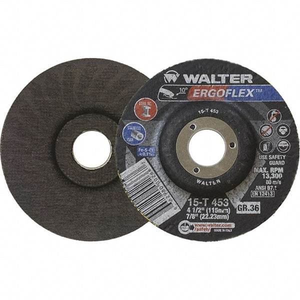 WALTER Surface Technologies - 36 Grit, 4-1/2" Disc Diam, 7/8" Center Hole, Type 29 Ceramic Flap Disc - 13,300 Max RPM, Fiber Backing, Arbor Attaching System, Coated - Apex Tool & Supply