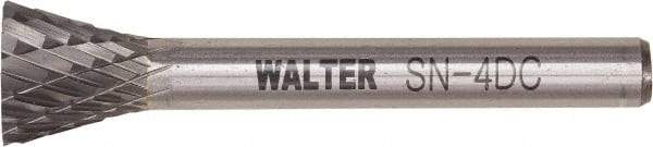 WALTER Surface Technologies - 1/4" Cut Diam, 1/4" Shank Diam, Inverted Cone Head Double Cut Burr - Tungsten Carbide, 1" LOC, 4" OAL - Apex Tool & Supply