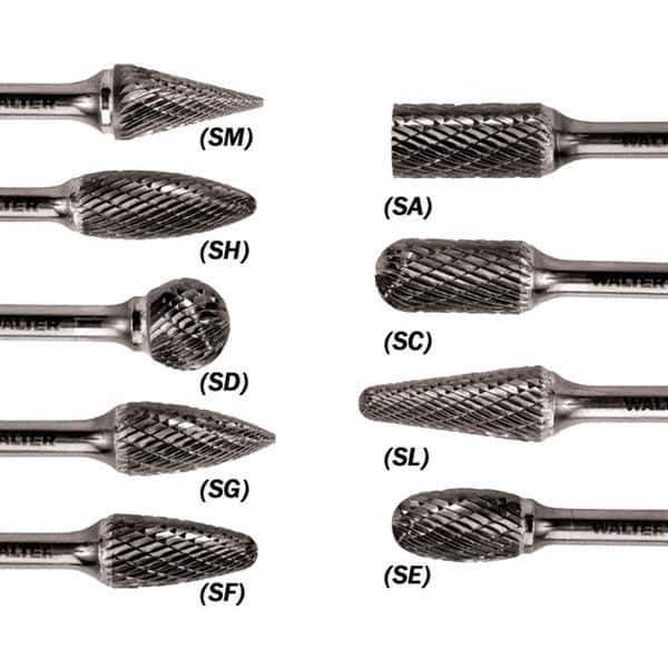 WALTER Surface Technologies - 1/4" Cut Diam, 1/4" Shank Diam, Cylinder Ball End Head Single Cut Burr - Tungsten Carbide, 5/8" LOC, 3-5/8" OAL - Apex Tool & Supply