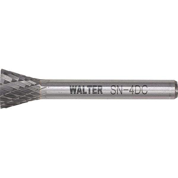 WALTER Surface Technologies - 1/4" Cut Diam, 1/4" Shank Diam, Inverted Cone Head Double Cut Burr - Tungsten Carbide, 3/4" LOC, 4-3/4" OAL - Apex Tool & Supply