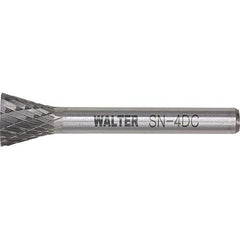 WALTER Surface Technologies - 1/4" Cut Diam, 1/4" Shank Diam, Inverted Cone Head Double Cut Burr - Tungsten Carbide, 3/4" LOC, 4-3/4" OAL - Apex Tool & Supply