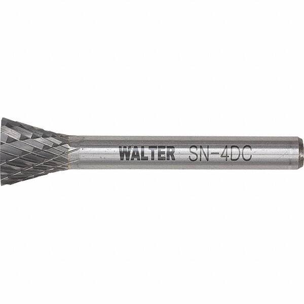 WALTER Surface Technologies - 1/4" Cut Diam, 1/4" Shank Diam, Inverted Cone Head Double Cut Burr - Tungsten Carbide, 1/2" LOC, 4-1/2" OAL - Apex Tool & Supply