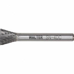 WALTER Surface Technologies - 1/4" Cut Diam, 1/4" Shank Diam, Inverted Cone Head Double Cut Burr - Tungsten Carbide, 1/2" LOC, 4-1/2" OAL - Apex Tool & Supply