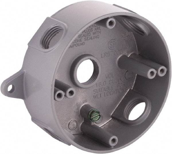 Hubbell-Raco - 0 Gang, (5) 1/2" Knockouts, Aluminum Round Device Box - 5-1/4" Overall Height x 1-5/8" Overall Depth, Weather Resistant - Apex Tool & Supply