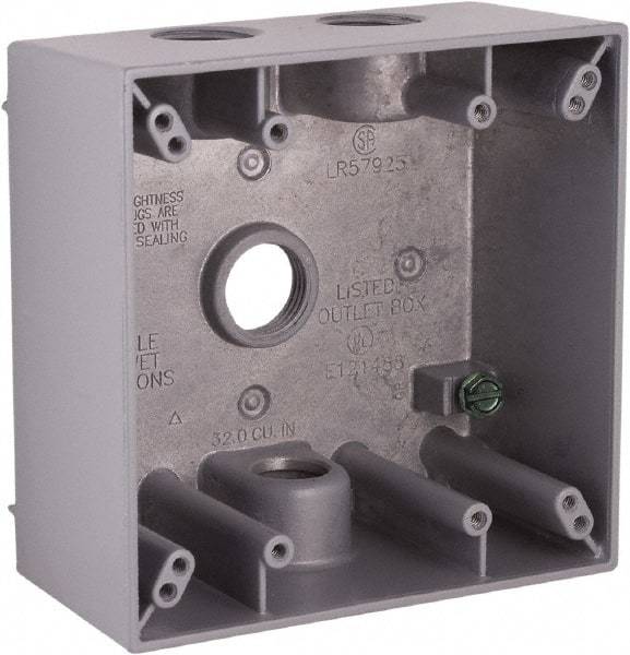 Hubbell-Raco - 2 Gang, (4) 1/2" Knockouts, Aluminum Square Device Box - 4-1/2" Overall Height x 2-1/4" Overall Depth, Weather Resistant - Apex Tool & Supply