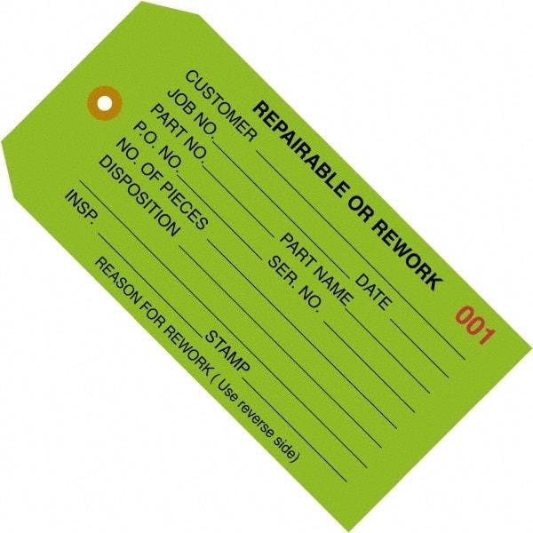 Made in USA - 4-3/4" High x 2-3/8" Long, REPAIRABLE OR REWORK, English Safety & Facility Inspection Tag - Green Cardstock - Apex Tool & Supply