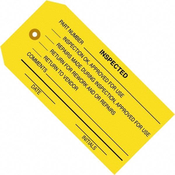 Made in USA - 4-3/4" High x 2-3/8" Long, Inspected, English Safety & Facility Inspection Tag - Yellow Cardstock - Apex Tool & Supply