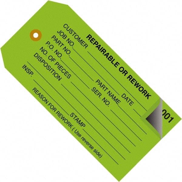 Made in USA - 4-3/4" High x 2-3/8" Long, REPAIRABLE OR REWORK, English Safety & Facility Inspection Tag - Green Cardstock - Apex Tool & Supply