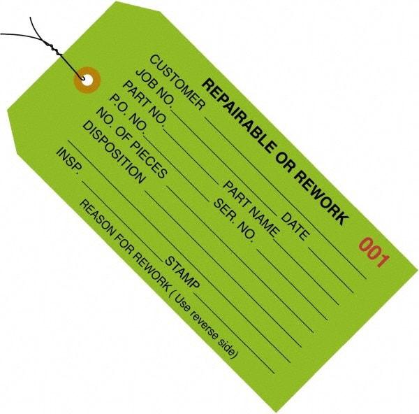Made in USA - 4-3/4" High x 2-3/8" Long, REPAIRABLE OR REWORK, English Safety & Facility Inspection Tag - Green Cardstock - Apex Tool & Supply