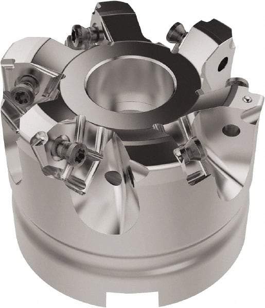Seco - 63mm Cut Diam, 27mm Arbor Hole, 6.96mm Max Depth of Cut, 92° Indexable Chamfer & Angle Face Mill - 6 Inserts, XNEX080816 Insert, Right Hand Cut, 6 Flutes, Through Coolant, Series R220.79 - Apex Tool & Supply