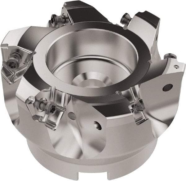 Seco - 80mm Cut Diam, 27mm Arbor Hole, 6.96mm Max Depth of Cut, 92° Indexable Chamfer & Angle Face Mill - 6 Inserts, XNEX080816 Insert, Right Hand Cut, 6 Flutes, Through Coolant, Series R220.79 - Apex Tool & Supply