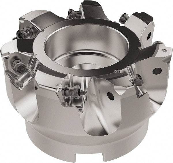 Seco - 80mm Cut Diam, 27mm Arbor Hole, 6.96mm Max Depth of Cut, 92° Indexable Chamfer & Angle Face Mill - 7 Inserts, XNEX080816 Insert, Right Hand Cut, 7 Flutes, Through Coolant, Series R220.79 - Apex Tool & Supply