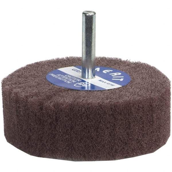 Merit Abrasives - 2" Diam x 1" Face Width, Medium Aluminum Oxide Nonwoven Mounted Flap Wheel - 1/4" Shank Mount, 12,000 Max RPM - Apex Tool & Supply