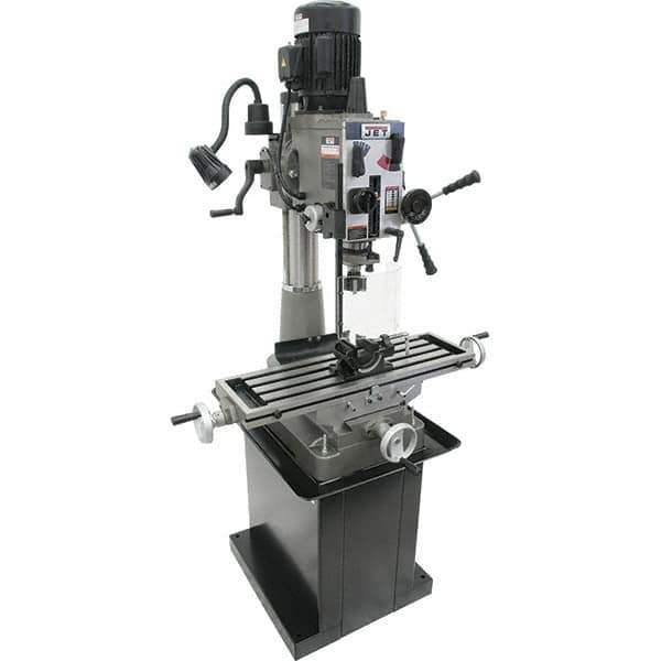 Jet - 1 Phase, 20-1/2" Swing, Geared Head Mill Drill Combination - 32-1/4" Table Length x 9-1/2" Table Width, 20-1/2" Longitudinal Travel, 8-1/4" Cross Travel, 6 Spindle Speeds, 1.5 hp, 115/230 Volts - Apex Tool & Supply