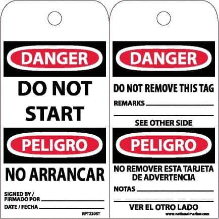 NMC - 6" High x 3" Long, DANGER - DO NOT START, English & Spanish Safety & Facility Accident Prevention Tag - Tag Header: Danger, 2 Sides, White Poly - Apex Tool & Supply