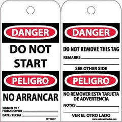 NMC - 6" High x 3" Long, DANGER - DO NOT START, English & Spanish Safety & Facility Accident Prevention Tag - Tag Header: Danger, 2 Sides, White Poly - Apex Tool & Supply