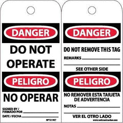 NMC - 6" High x 3" Long, DANGER - DO NOT OPERATE, English & Spanish Safety & Facility Accident Prevention Tag - Tag Header: Danger, 2 Sides, White Poly - Apex Tool & Supply