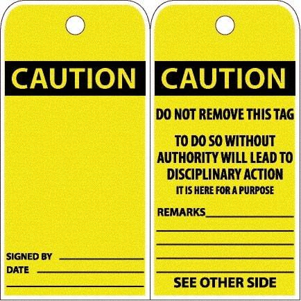 NMC - 6" High x 3" Long, CAUTION, English Safety & Facility Accident Prevention Tag - Tag Header: CAUTION, 2 Sides, White Poly - Apex Tool & Supply