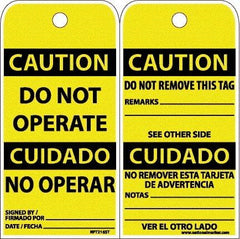 NMC - 6" High x 3" Long, CAUTION - DO NOT OPERATE, English & Spanish Safety & Facility Accident Prevention Tag - Tag Header: CAUTION, 2 Sides, White Poly - Apex Tool & Supply