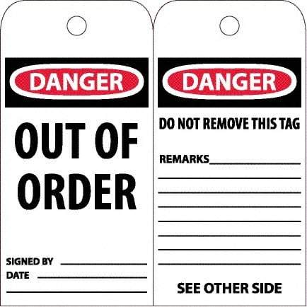 NMC - 4" High x 8" Long, DANGER - OUT OF ORDER, English Safety & Facility Accident Prevention Tag - Tag Header: Danger, 2 Sides, White Poly - Apex Tool & Supply