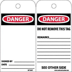 NMC - 4" High x 8" Long, DANGER, English Safety & Facility Accident Prevention Tag - Tag Header: Danger, 2 Sides, White Poly - Apex Tool & Supply