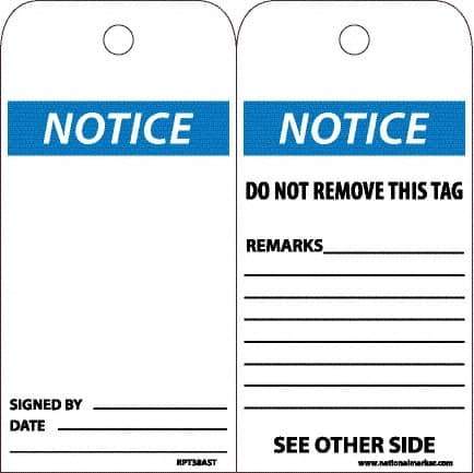 NMC - 6" High x 3" Long, Notice, English Safety & Facility Accident Prevention Tag - Tag Header: Notice, 2 Sides, White Poly - Apex Tool & Supply