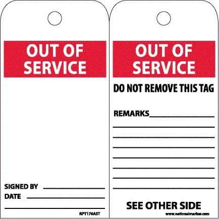 NMC - 6" High x 3" Long, OUT OF SERVICE, English Safety & Facility Accident Prevention Tag - 2 Sides, White Synthetic Paper - Apex Tool & Supply