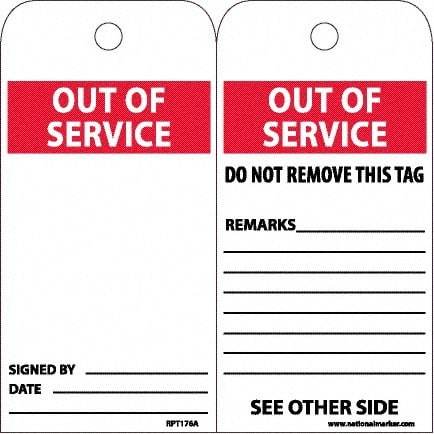 NMC - 6" High x 3" Long, OUT OF SERVICE, English Safety & Facility Accident Prevention Tag - 2 Sides, White Unrippable Vinyl - Apex Tool & Supply