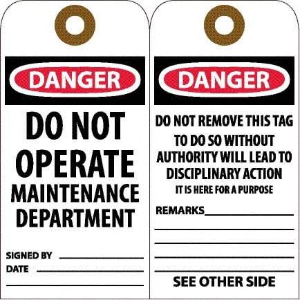 NMC - 6" High x 3" Long, DANGER - DO NOT OPERATE - MAINTENANCE DEPARTMENT, English Safety & Facility Accident Prevention Tag - Tag Header: Danger, 2 Sides, White Unrippable Vinyl - Apex Tool & Supply
