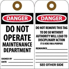 NMC - 6" High x 3" Long, DANGER - DO NOT OPERATE - MAINTENANCE DEPARTMENT, English Safety & Facility Accident Prevention Tag - Tag Header: Danger, 2 Sides, White Unrippable Vinyl - Apex Tool & Supply