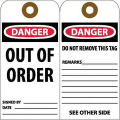 NMC - 6" High x 3" Long, DANGER - OUT OF ORDER, English Safety & Facility Accident Prevention Tag - Tag Header: Danger, 2 Sides, White Unrippable Vinyl - Apex Tool & Supply