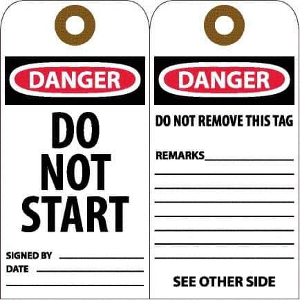 NMC - 6" High x 3" Long, DANGER - DO NOT START, English Safety & Facility Accident Prevention Tag - Tag Header: Danger, 2 Sides, White Unrippable Vinyl - Apex Tool & Supply