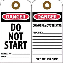 NMC - 6" High x 3" Long, DANGER - DO NOT START, English Safety & Facility Accident Prevention Tag - Tag Header: Danger, 2 Sides, White Unrippable Vinyl - Apex Tool & Supply