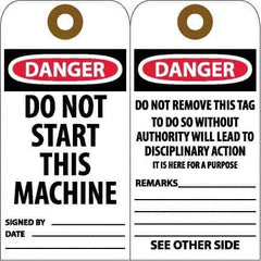 NMC - 6" High x 3" Long, DANGER - DO NOT START THIS MACHINE, English Safety & Facility Accident Prevention Tag - Tag Header: Danger, 2 Sides, White Unrippable Vinyl - Apex Tool & Supply