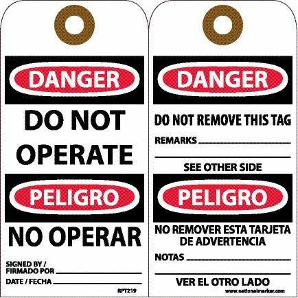 NMC - 6" High x 3" Long, DANGER - DO NOT OPERATE, English & Spanish Safety & Facility Accident Prevention Tag - Tag Header: Danger, 2 Sides, White Unrippable Vinyl - Apex Tool & Supply