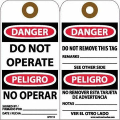 NMC - 6" High x 3" Long, DANGER - DO NOT OPERATE, English & Spanish Safety & Facility Accident Prevention Tag - Tag Header: Danger, 2 Sides, White Unrippable Vinyl - Apex Tool & Supply